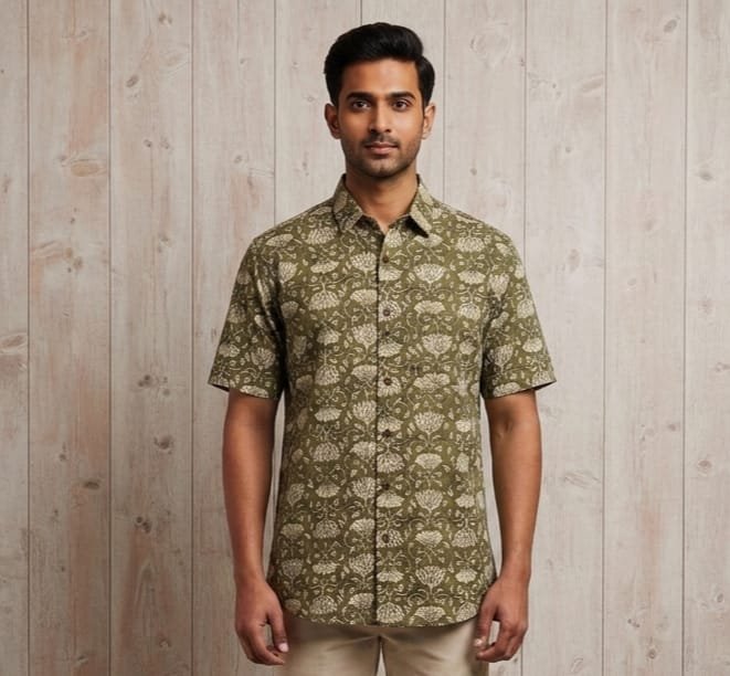 Natural Hand Block Half Shirt for Men